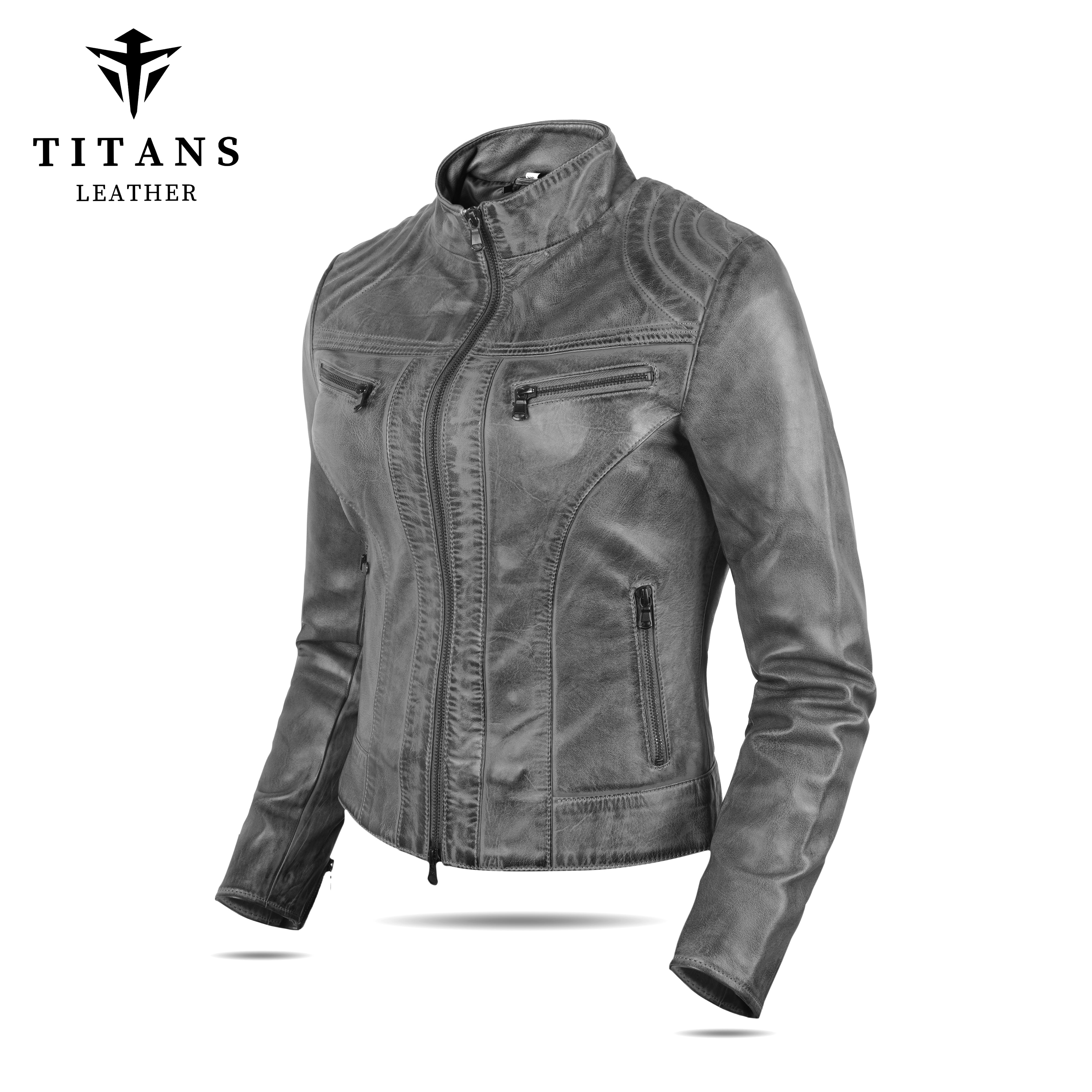 Women’s Gray Leather Biker Jacket - Chic Quilted Design