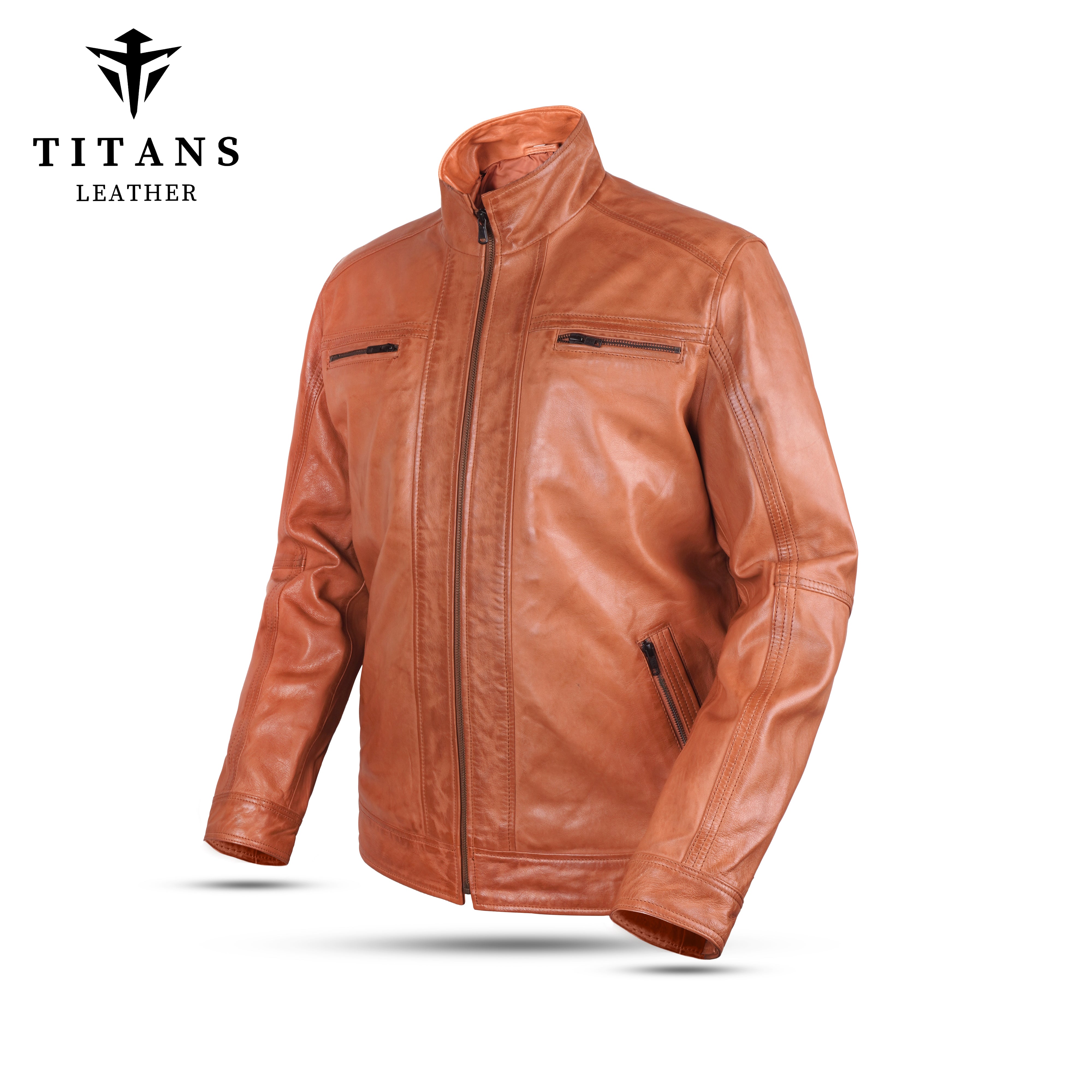 Men’s Brown Leather Jacket with Stand Collar - Premium Style